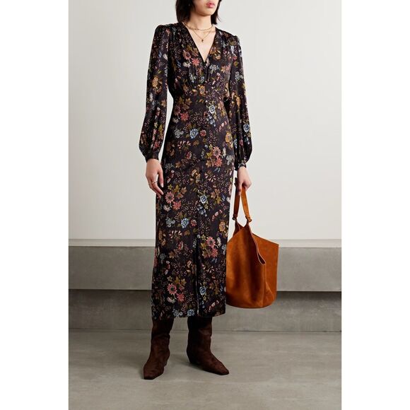 NWT Veronica Beard Terina Gathered Floral-Print Silk-Blend Midi Dress in Black 0 - Picture 5 of 16